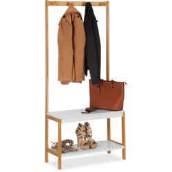 Relaxdays - Appendiabiti con Scaffale per Scarpe con 4 Ganci in Bambù e mdf, HxLxP: 150x70,5x30 cm, Legno Naturale-Bianco