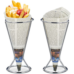 Relaxdays - Set da 2 Porta Patatine Fritte, Acciaio Inox, per Coni di Carta con Fritti e Verdure, hd 16 x 9,5 cm, Argento