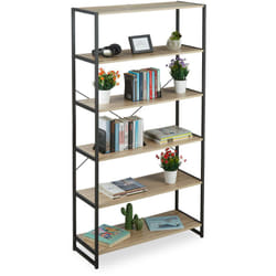 Scaffale in Legno Stile Industrial, Libreria con 6 Ripiani hlp: 180 x 95 x 35 cm in Rovere e Metallo, Marrone - Relaxdays