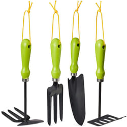 Relaxdays - Set Attrezzi Giardino, Kit da 4 pz., Tridente , Rastrello, Paletta & Zappetta, Giardinaggio, Ferro, verde