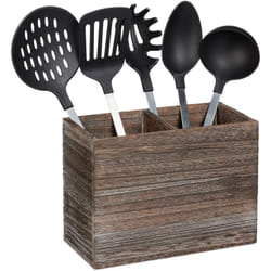 Relaxdays - Porta Posate in Legno, 2 Scomparti per Accessori da Cucina & Posate, hlp 17x24x12cm,Scolaposate, Marrone Scuro