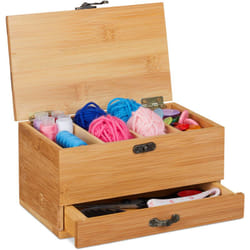Box per Cucito in Bambù, 4 Scomparti, Cassetto, con Coperchio, Manico Antico, Senza Contenuto, Legno Naturale - Relaxdays