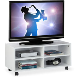 Mobiletto Porta tv con 4 Scomparti, con Rotelle, per cd & dvd, Mobile Basso da Salotto, hlp 35x80x35cm, Bianco - Relaxdays