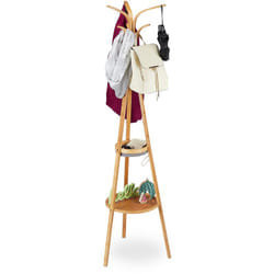 Relaxdays - Appendiabiti, Moderno Attaccapanni in Bambù 2 Ripiani, 6 Ganci, Design ad Albero, 178x50x50 cm, Legno Naturale