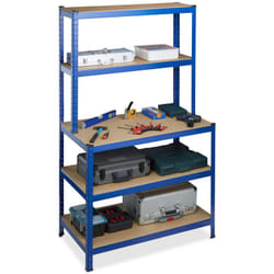 Scaffale in Metallo, Banco da Lavoro, Capacità fino a 900 kg, 5 Ripiani, Incastro 180x100x60, Acciaio,MDF, blu - Relaxdays