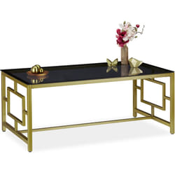 Tavolino da Divano, Superficie Nera in Vetro, Struttura in Metallo, da Salotto, 42x100x50 cm, Nero-Dorato - Relaxdays