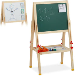 Relaxdays - Lavagnetta per Bambini, Regolabile in Altezza & Magnetica in Legno, con Gesso, 81-104x45x42 cm, Legno Naturale