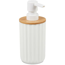 Relaxdays - Dispenser di Sapone, Rotondo, Moderno,Ricaricabile,Testa a Pressione,Bambù & Plastica,Dosatore,bianco/naturale