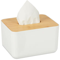 Porta Fazzoletti con Coperchio in Bambù, per Bagno, Design Moderno, Plastica, hlp 10x17x13 cm, Bianco/Naturale - Relaxdays