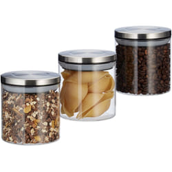 Relaxdays - Tris di Barattoli per Conserve, Set da 3, 380 ml, Ermetico, Coperchio in Acciaio Inox, Riso & Tè, Trasparente