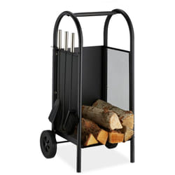 Relaxdays - Carrello Portalegna con 3 Accessori, Mobiletto in Acciaio, da Camino, Paletta, Scopino & Attizzatoio, Nero