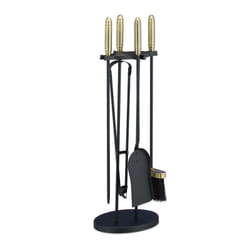 Set 5 Accessori da Camino, Paletta, Scopino, Attizzatoio, Pinza e Porta-Attrezzi, Acciaio e Ottone, Nero Oro - Relaxdays