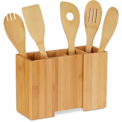 II set da cucina in bambù è composto da un portaposate, un mestolo classico, un cucchiaio forato per sughi o risotti, una pal ...