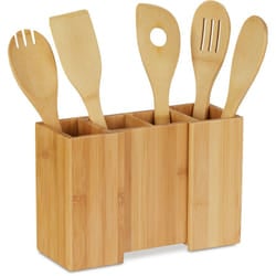 Relaxdays - Portaposate da Cucina in Bambù, 5 Cucchiai in Legno, Portautensili Allungabile, HxLxP: 17x25x10 cm, Naturale