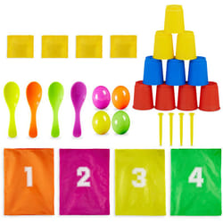 Relaxdays - Set per Festa per Bambini,Giochi 3in1 per Compleanno,Corsa con Sacco,Gioco dell'Uovo & Tiro Bersaglio,v.colori