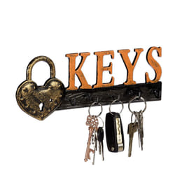 Relaxdays - Appendi Chiavi da Parete, 5 Ganci, Lucchetto e Scritta "Keys", in Ghisa, Vintage, 10x26x3 cm, Arancione/Nero