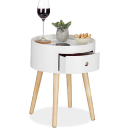 Relaxdays - Tavolino Rotondo, con Cassetto, Gambe in Legno, Design Scandinavo, Camera da Letto, HxD 46x38, Bianco Naturale
