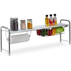 Relaxdays - Ripiano Salvaspazio per Cucina, con Portarotolo, Mensola Sopra Lavello con Cestino, 32x94x23 cm,Bianco/Argento