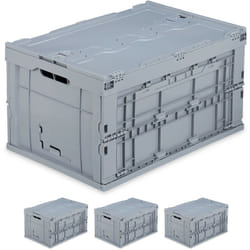 Relaxdays - 4x Cassetta Pieghevole, Stabile, da Lavoro, Plastica Resistente, Scatola Portaoggetti 60L, hlp 32,5x58,5x39,5cm, Grigio