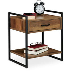 Comodino con Cassetto, Industrial, Tavolino da Divano, per Soggiorno e Camera, 50x43x37 cm, Effetto Legno Nero - Relaxdays
