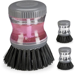 Relaxdays - Spazzola per Piatti con Dispenser Detersivo, Set da 3, Erogatore da Riempire 60ml, Rotondo, Lavapiatti, grigio