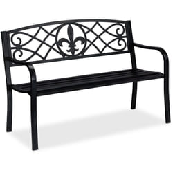 Panca da Giardino, Con Giglio Decorativo, a 2 Posti, Acciaio, Arredamento Outdoor, 86 x 127 x 60 cm, Nero - Relaxdays