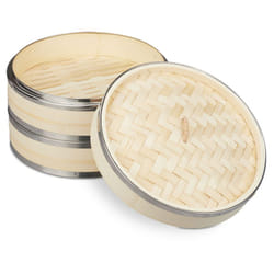 Relaxdays - Vaporiera Bambù, 2 Cestelli, Anelli in Metallo, Cottura a Vapore di Riso e Ravioli Cinesi, ø 24 cm, Naturale