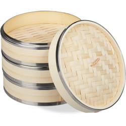 Relaxdays Vaporiera Bambù, 3 Cestelli, Anelli in Metallo, Cottura a Vapore di Riso e Ravioli Cinesi, Ø 24 cm, Naturale