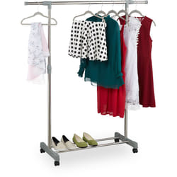 Relaxdays - Stand Appendiabiti su Ruote, con Asta e Ripiano, Regolabile in Altezza 95-165 cm, Larghezza 94-160 cm, Argento