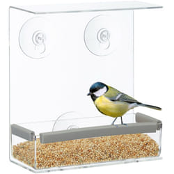 Relaxdays - Mangiatoia per Uccelli, Dispenser in Acrilico da Appendere, per la Finestra hlp 16,5x15x7,5 cm, Trasparente