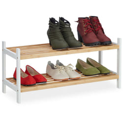 Scarpiera in Bambù e Legno di Betulla, a 2 Ripiani, Organizer per 6 Paia di Scarpe, bianco/naturale - Relaxdays
