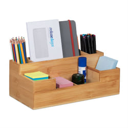 Relaxdays Organizer da Scrivania, 7 Scomparti, Portaoggetti in Bambù, Ufficio, Cucina, Bagno, HLP: 11x30x15 cm, Naturale