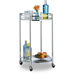 Relaxdays - Carrello da Cucina Rotondo, Portavivande con 2 Ripiani a Specchio, Acciaio, con Rotelle, 75 x 50 cm, Argento