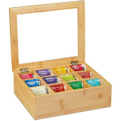 Relaxdays - Scatola Porta Tè e Tisane, 12 Scomparti, Cofanetto con Finestrella, Organizer 9 x 28 x 23 cm, Bambù Naturale