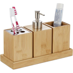 Relaxdays - Set Bagno, Confezione 4 Accessori in Bambù, Portaspazzolino, Porta Dentifricio, Portasapone & Vassoio,Naturale