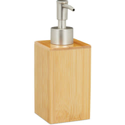 Relaxdays - Dispenser di Sapone Manuale, 200ml, Ricaricabile con Testa a Pressione, Bambù & Plastica, Naturale/Argento