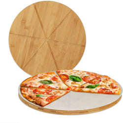 Relaxdays - Taglieri per Pizza di Bambù in Set da 2, Piatti Tondi ø 33cm, Carta da Forno Inclusa, Scanalature, naturale