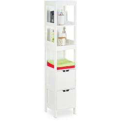 Mobiletto da Bagno, Armadietto a Colonna, 144 x 30 x 30 cm, 2 Cassetti, 3 Scaffali, da Terra, Rustico, bianco - Relaxdays