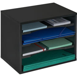 Relaxdays Portaoggetti Scrivania Portadocumenti, 4 Scomparti A4, Organizer per Lettere & Documenti, 28x35,5x25 cm, Nero