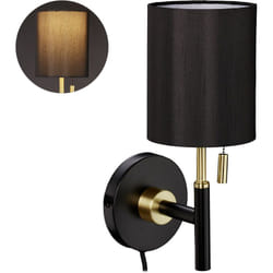 Relaxdays - Lampada da Parete, Paralume Rotondo, Interruttore a Catena, Applique a Muro, HxLxP: 32 x 13 x 18 cm, Nero/Oro