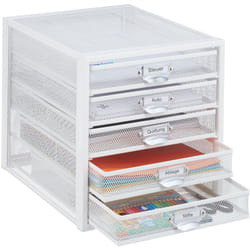 Relaxdays - 5 Cassetti Portaoggetti, Cassettiera, da Etichettare, Organizer Ufficio, da Scrivania, 29x27,5x35,5 cm, Bianco