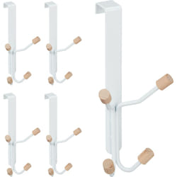 Relaxdays Ganci da Porta, Set 5 Appendini Sopraporta, Multiplo, Ferro & Legno, Attaccapanni, 19x9x8 cm, Bianco/Naturale