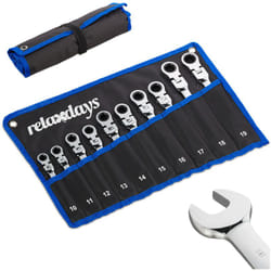 Relaxdays - Set di Chiavi Inglesi & Anello, Kit da 10 Attrezzi, Funzione a Cricchetto, Borsa Pieghevole, 10-19 mm, Nera