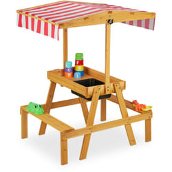 Tavolo con Panche per Bambini, Tavolino Attività con Protezione dal Sole da Giardino, 110x65x83 cm, Naturale - Relaxdays