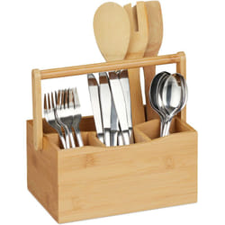 Relaxdays - Porta Posate in Bambù, 4 Scomparti, Manico, Portautensili da Tavolo, Mestoli da Cucina, Organizer, naturale
