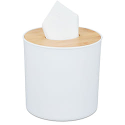 Porta Fazzoletti Cosmetici, Contenitore in Plastica con Coperchio in Bambù, Riempibile, Bianco Marrone Chiaro - Relaxdays
