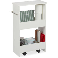 Relaxdays - Mobiletto Salvaspazio, 2 Scomparti, Scaffale Stretto con Ruote, 20 cm Larghezza, per Bagno & Cucina, Bianco