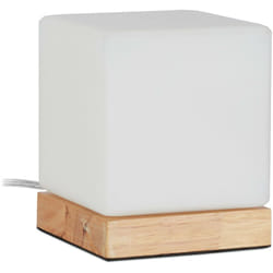 Relaxdays - Lampada da Tavolo a Cubo, E14, Base in Legno e Vetro Opalino, Luce Design Scandinavo, hlp 15x12x12 cm, Bianca