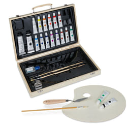 Relaxdays Valigetta Colori a Olio, Kit da Artista, Set 18 Tubetti, Tavolozza, Pennelli, Pallet Cup e Spatola, Naturale