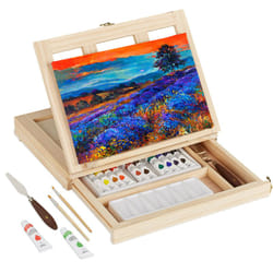 Relaxdays - Set Pittura in Valigetta, Kit Cavalletto Tavolo, 19 Accessori con Tela, Tavolozza, Pennelli, Colori, Naturale